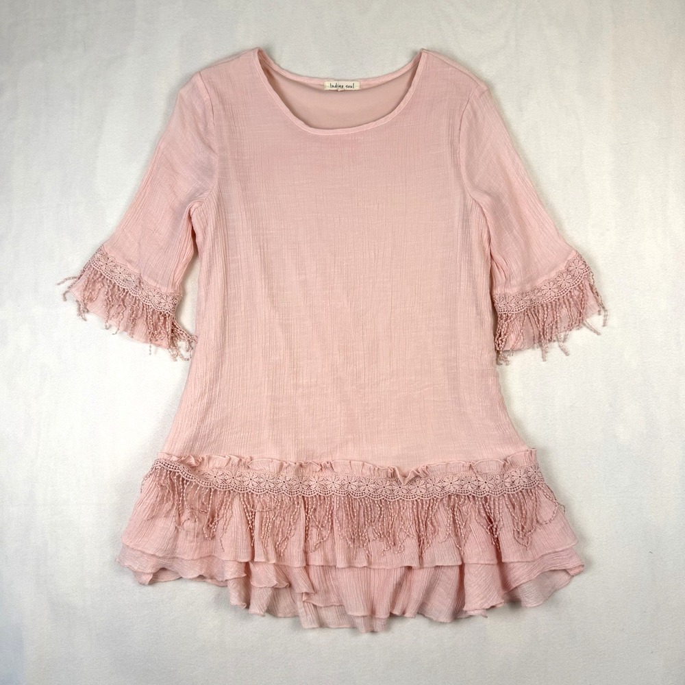 Indigo Soul Boho Crinkle Cotton Tunic Top Womens Large Pink Lace Fringe Tiered